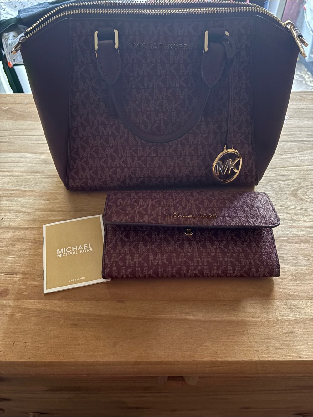 Michael Kors Burgundy Signature MK Tote and Wallet Set new.